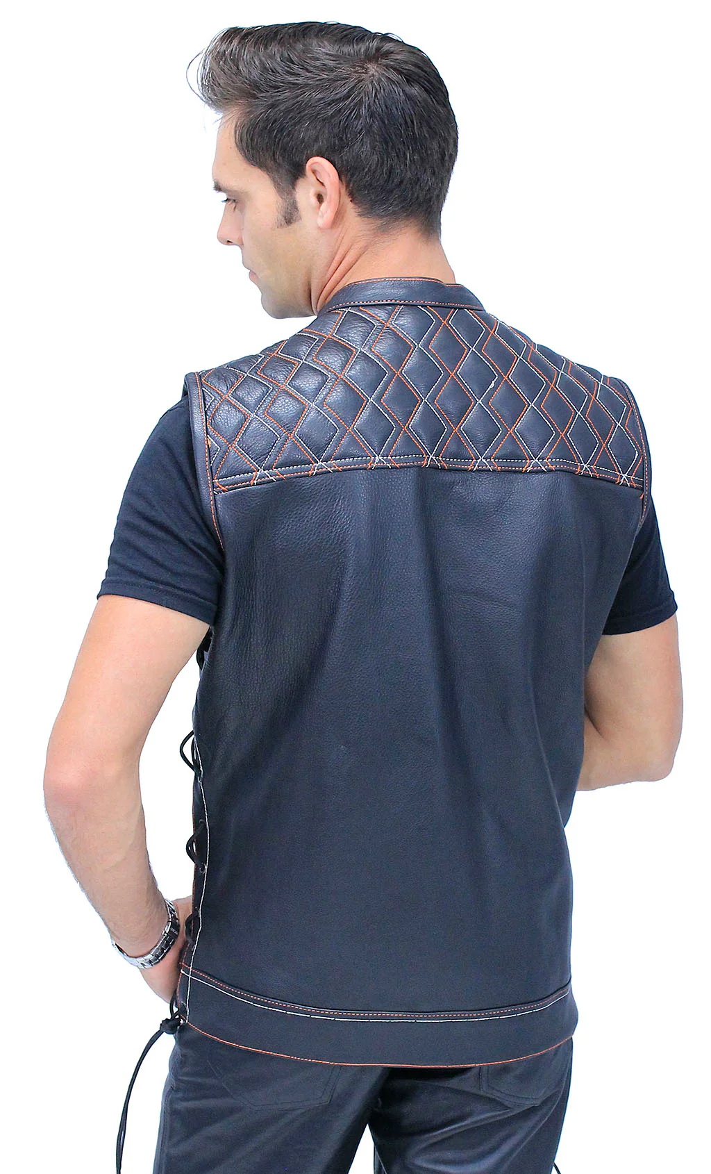 Orange/White Stitched Leather Side Lace Club Vest w/Easy Access Pocket #VM6400GLOW - Image 2