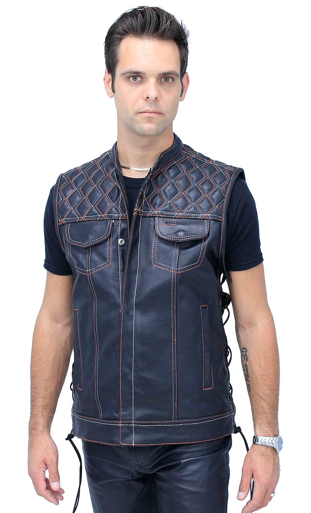 Orange/White Stitched Leather Side Lace Club Vest w/Easy Access Pocket #VM6400GLOW - Image 3