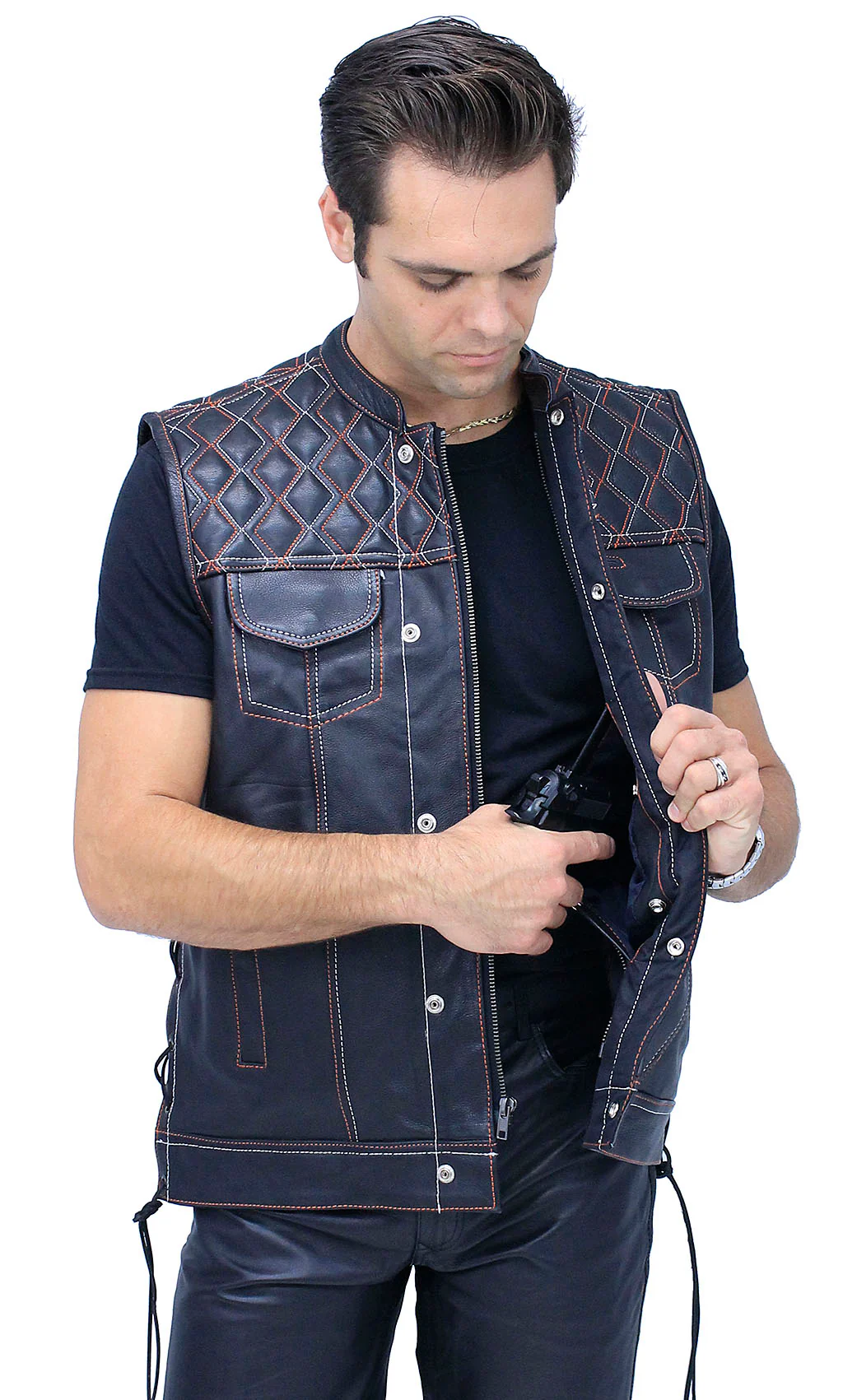 Orange/White Stitched Leather Side Lace Club Vest w/Easy Access Pocket #VM6400GLOW - Image 5