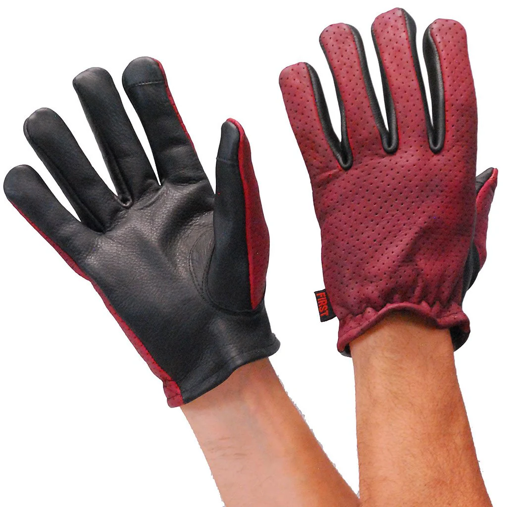Red/Black Leather Vented Motorcycle Gloves #GM218VBG - Image 3