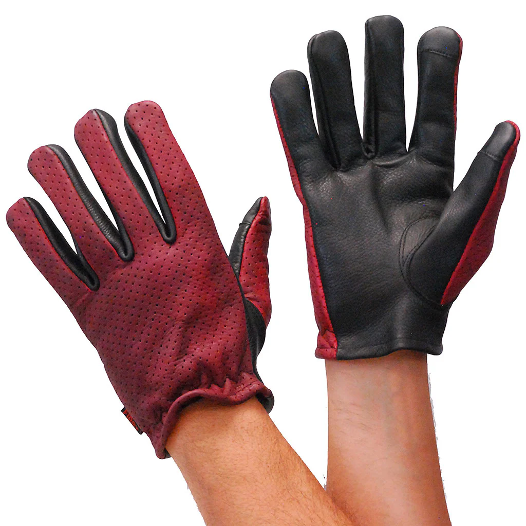 Red/Black Leather Vented Motorcycle Gloves #GM218VBG - Image 4