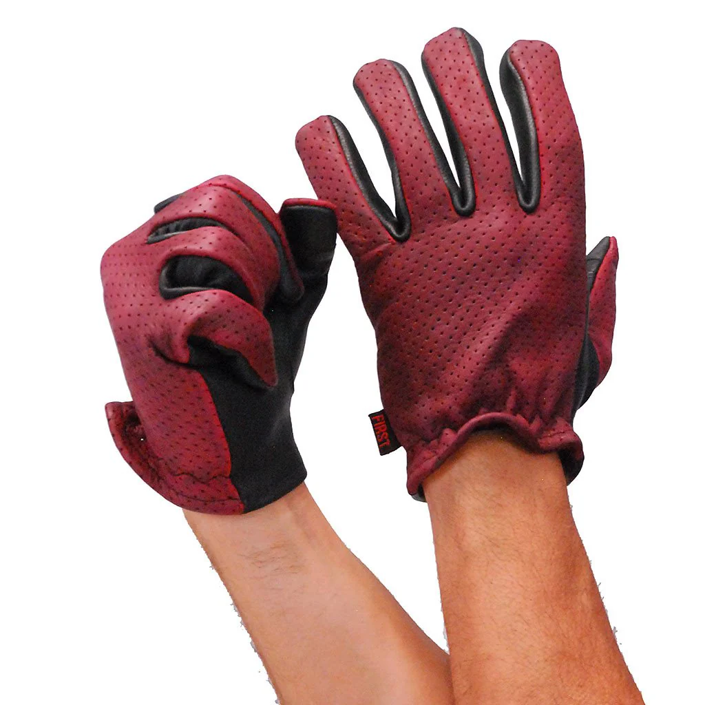Red/Black Leather Vented Motorcycle Gloves #GM218VBG - Image 5