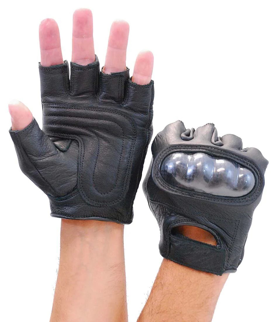 Padded Palm Hard Knuckle Black Leather Fingerless Gloves #G952K - Image 2