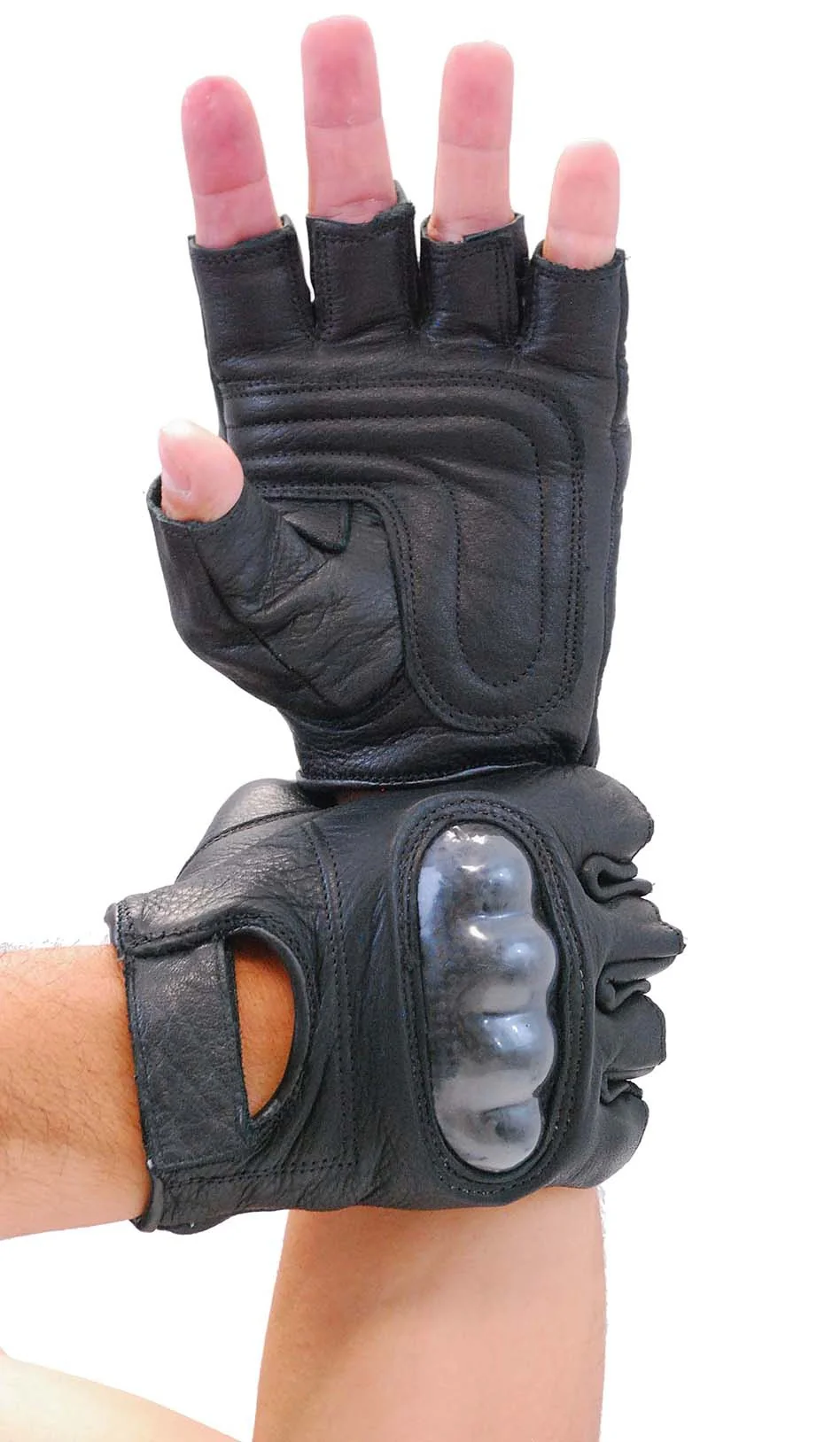 Padded Palm Hard Knuckle Black Leather Fingerless Gloves #G952K - Image 3