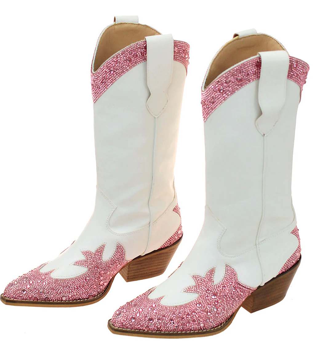 Pink Rhinestones on White Cowgirl Boots #BLC10WPI-ZANDAYA