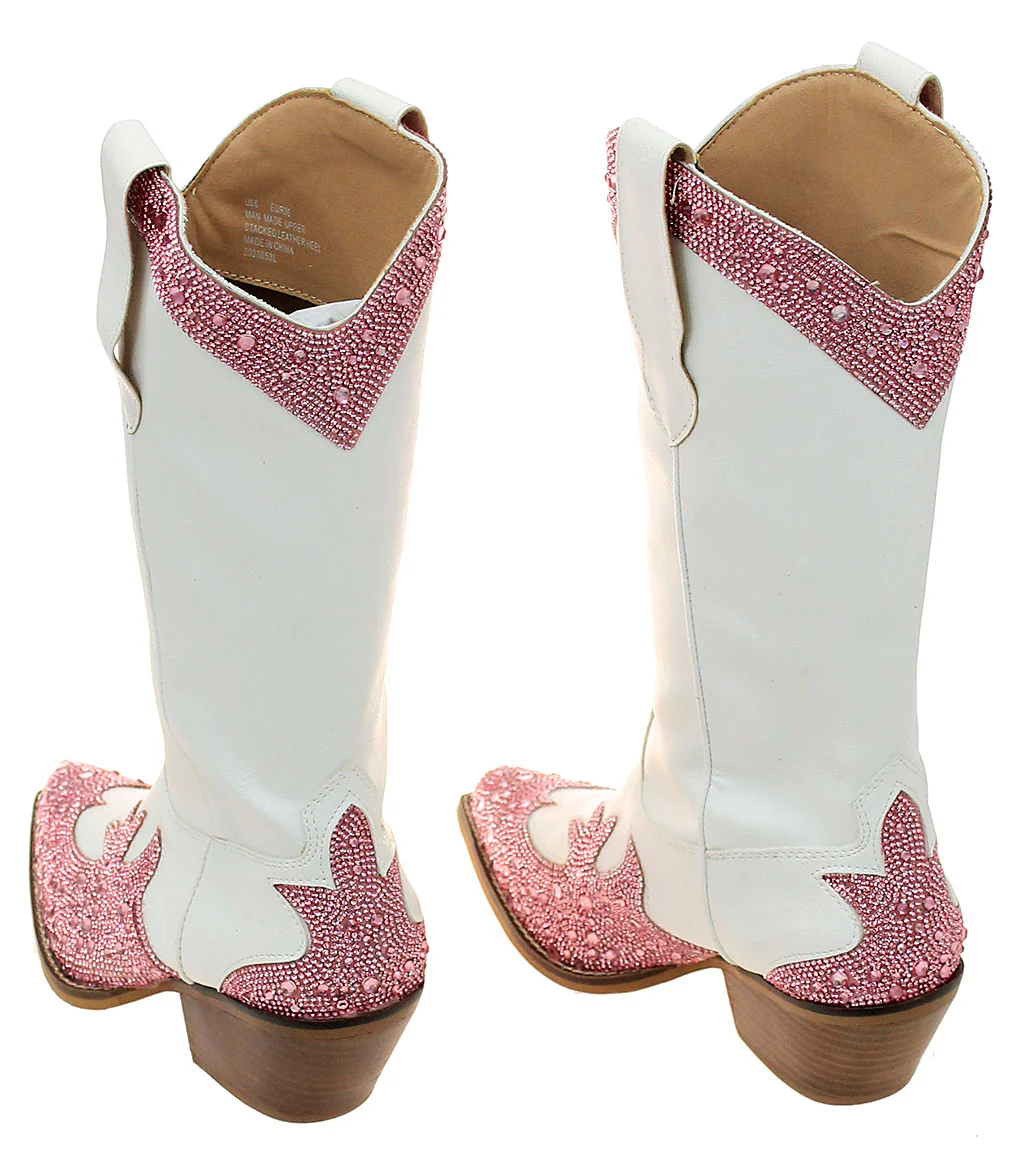 Pink Rhinestones on White Cowgirl Boots #BLC10WPI-ZANDAYA - Image 2