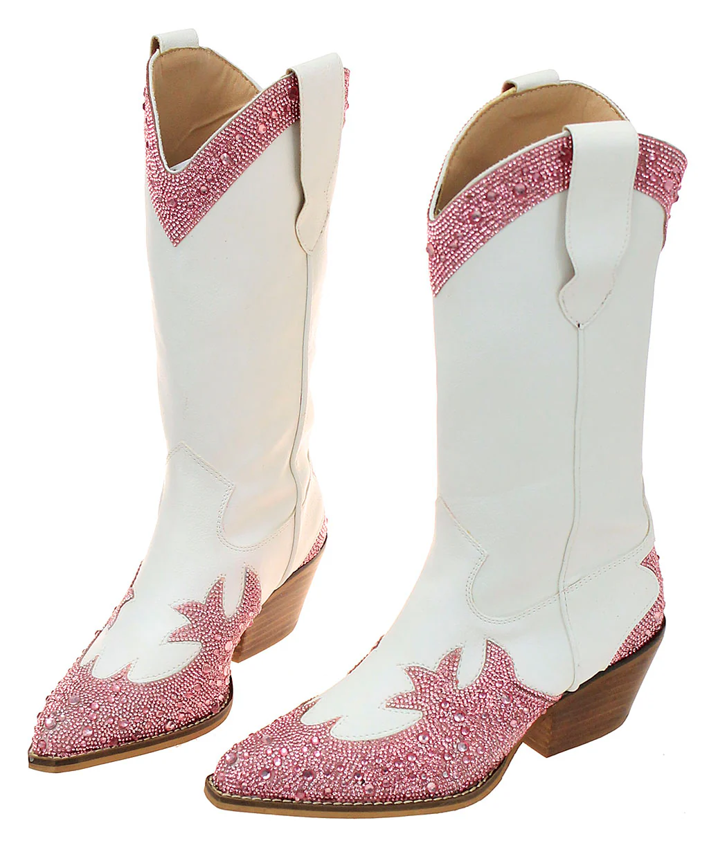 Pink Rhinestones on White Cowgirl Boots #BLC10WPI-ZANDAYA - Image 3