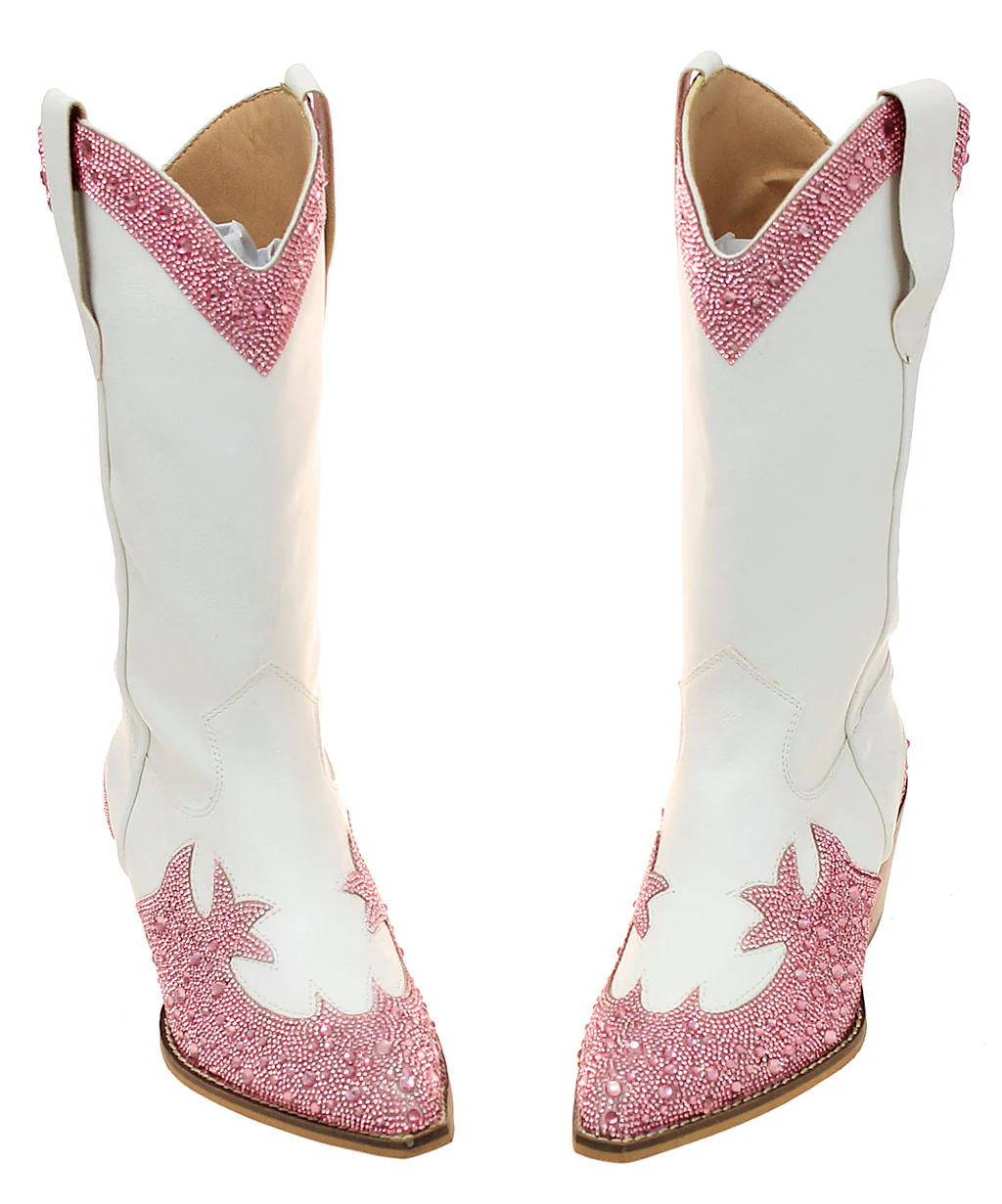 Pink Rhinestones on White Cowgirl Boots #BLC10WPI-ZANDAYA - Image 4