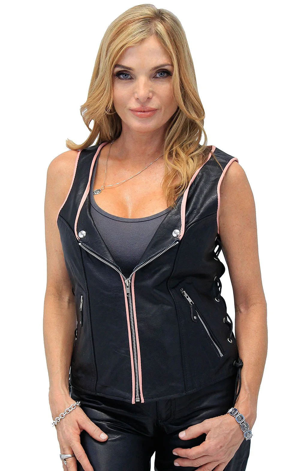 Pink Trim Side Lace Zipper Vest #VL685422LP (S-L) - Image 5