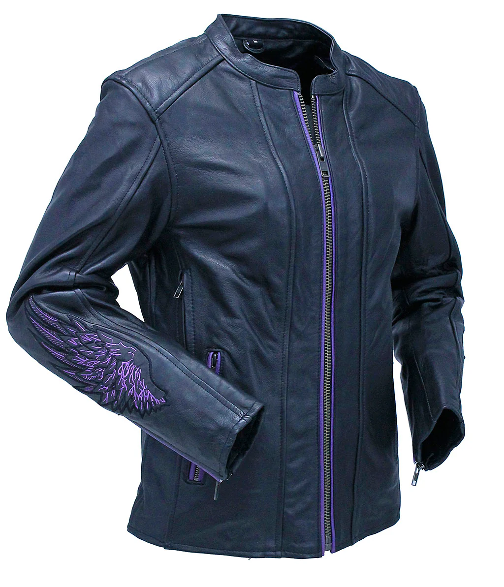 Purple Winged Heart Leather Vented Motorcycle Jacket #L695417VGPU - Image 5
