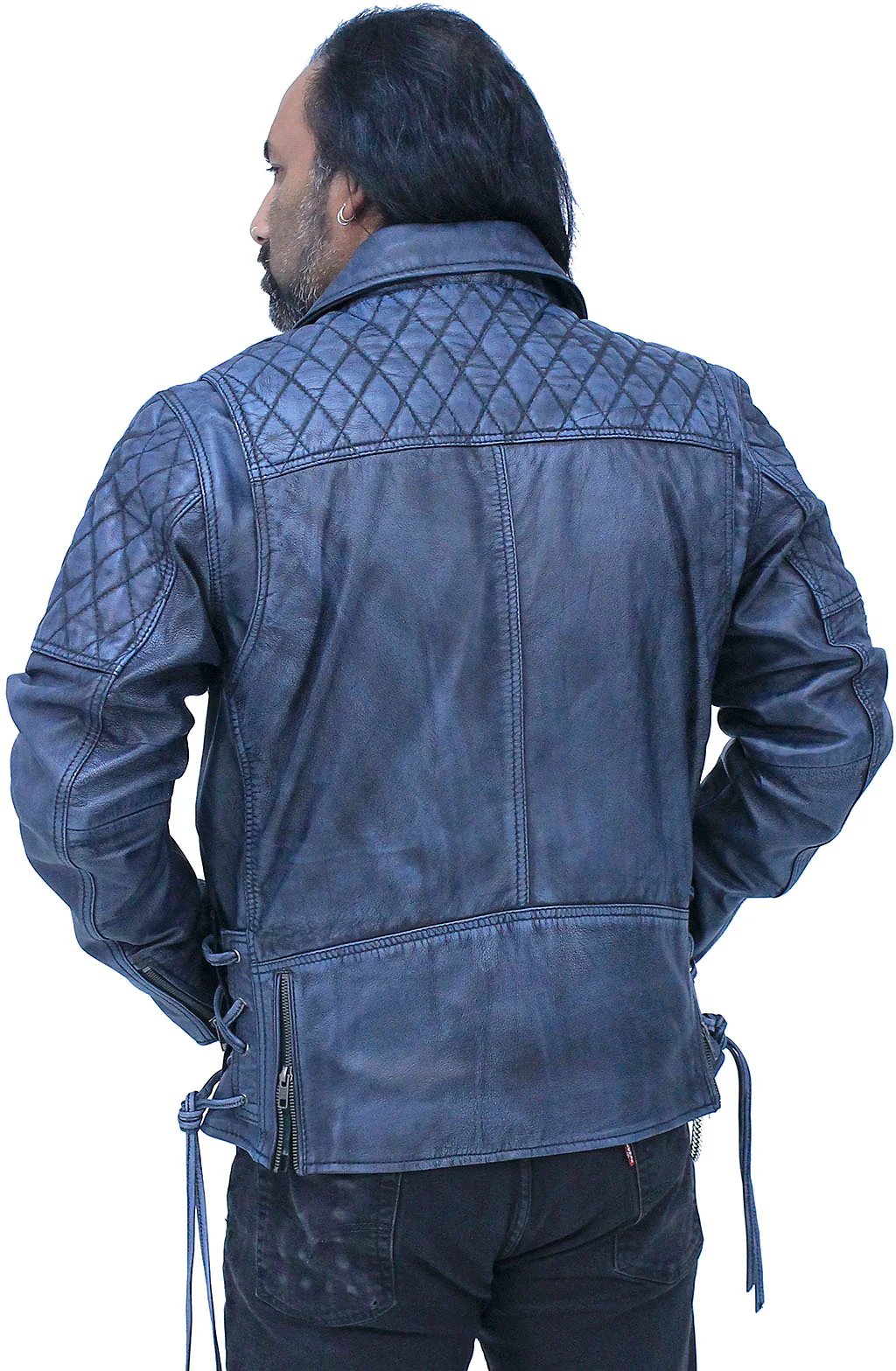 Quilted Blue Distressed Leather MC Jacket CC Pockets #MA2024QGU - Image 2