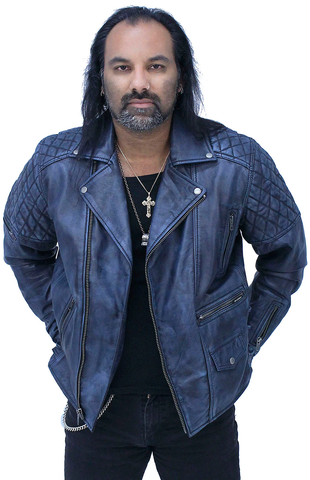Quilted Blue Distressed Leather MC Jacket CC Pockets #MA2024QGU - Image 3