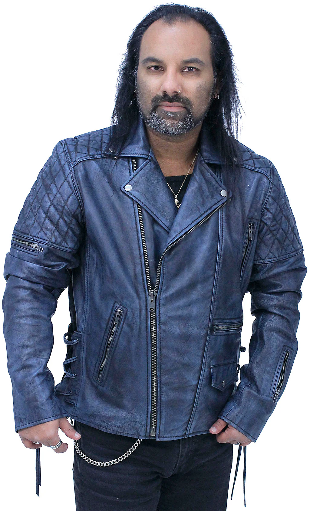 Quilted Blue Distressed Leather MC Jacket CC Pockets #MA2024QGU - Image 4