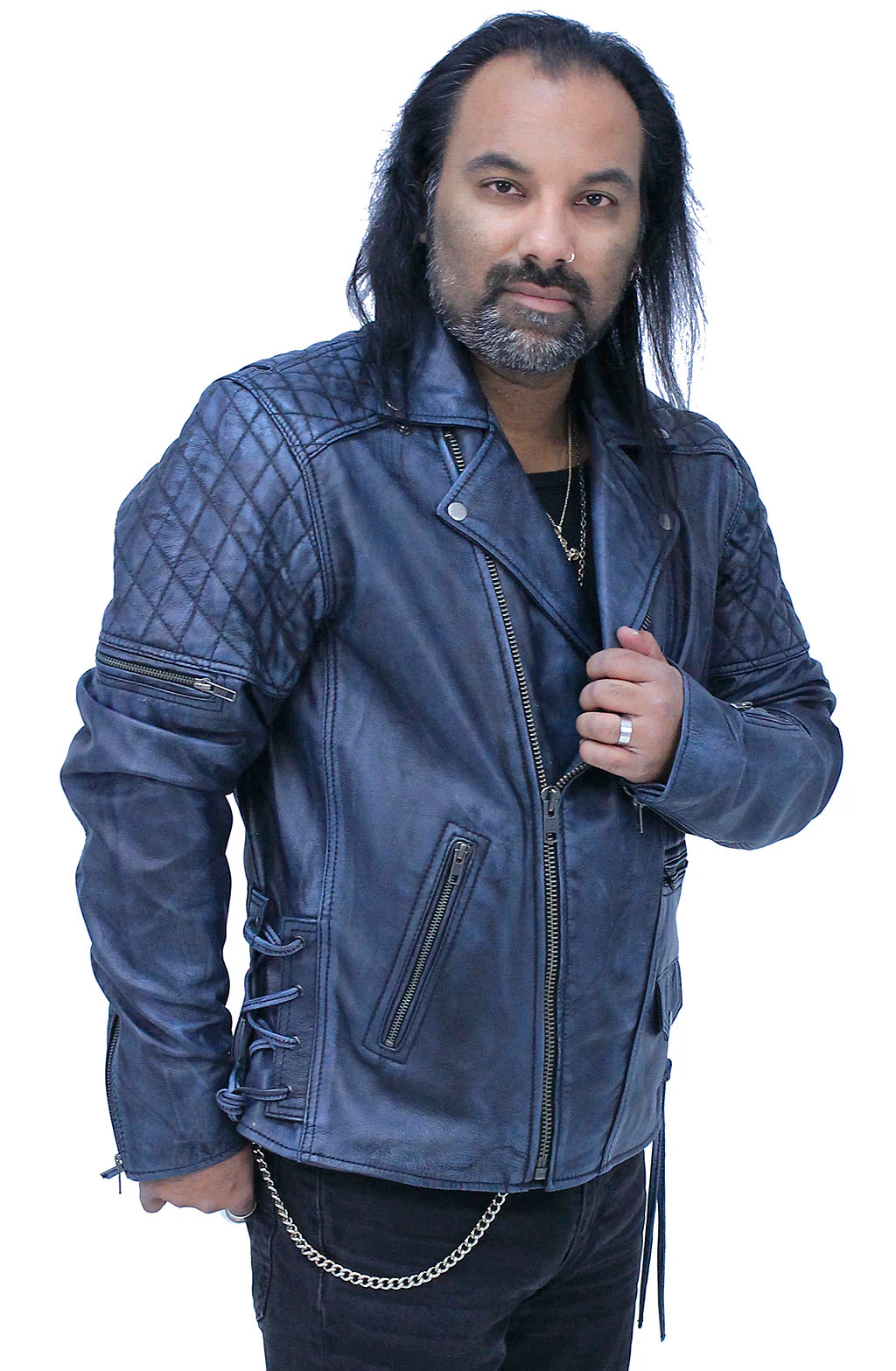 Quilted Blue Distressed Leather MC Jacket CC Pockets #MA2024QGU - Image 5
