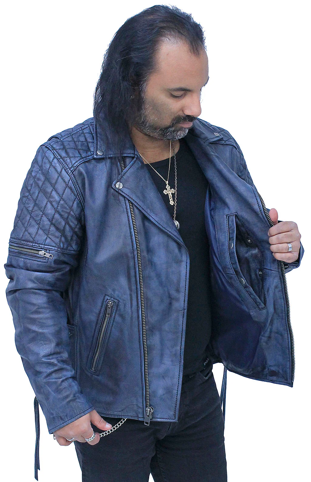 Quilted Blue Distressed Leather MC Jacket CC Pockets #MA2024QGU - Image 7