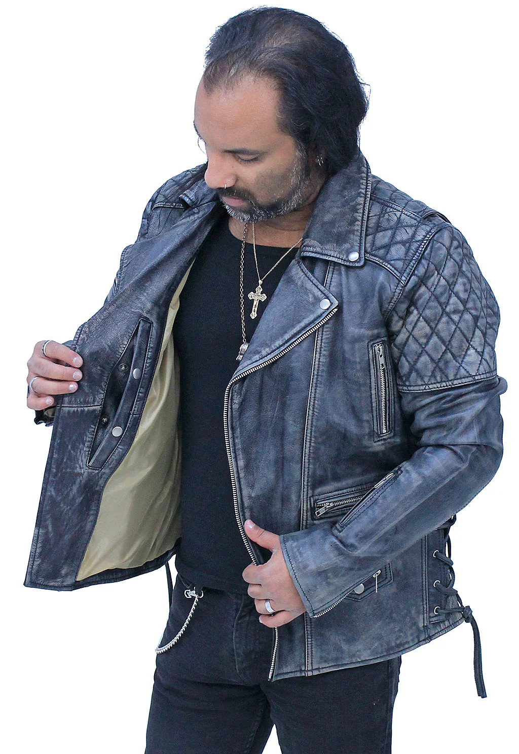 Quilted Taupe/Black Distressed Leather MC Jacket CC Pockets #MA2023QGK - Image 4