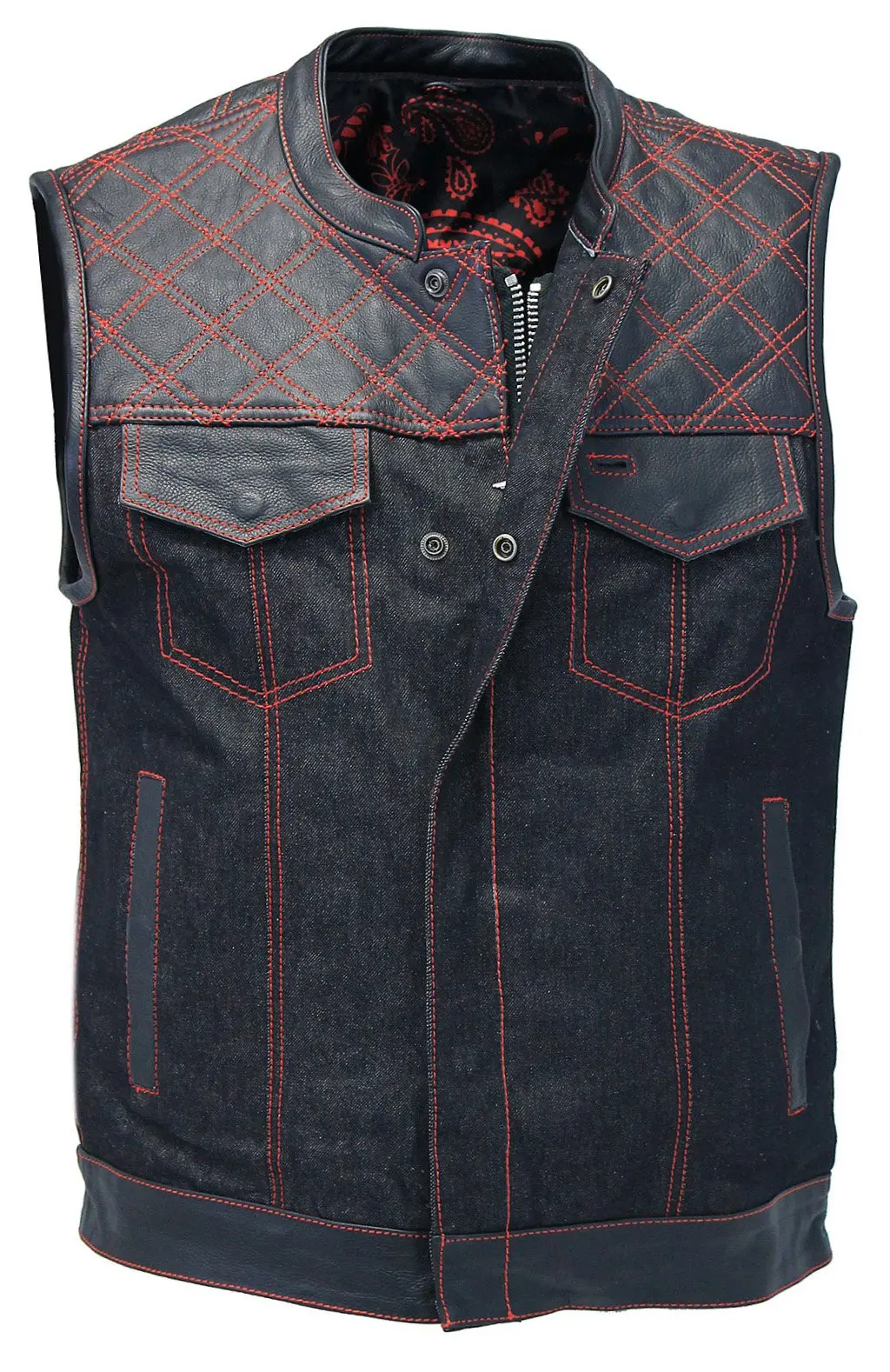 Red Stitch Denim Leather Quilt Concealed Pockets Vest #VM6678DGQR - Image 3