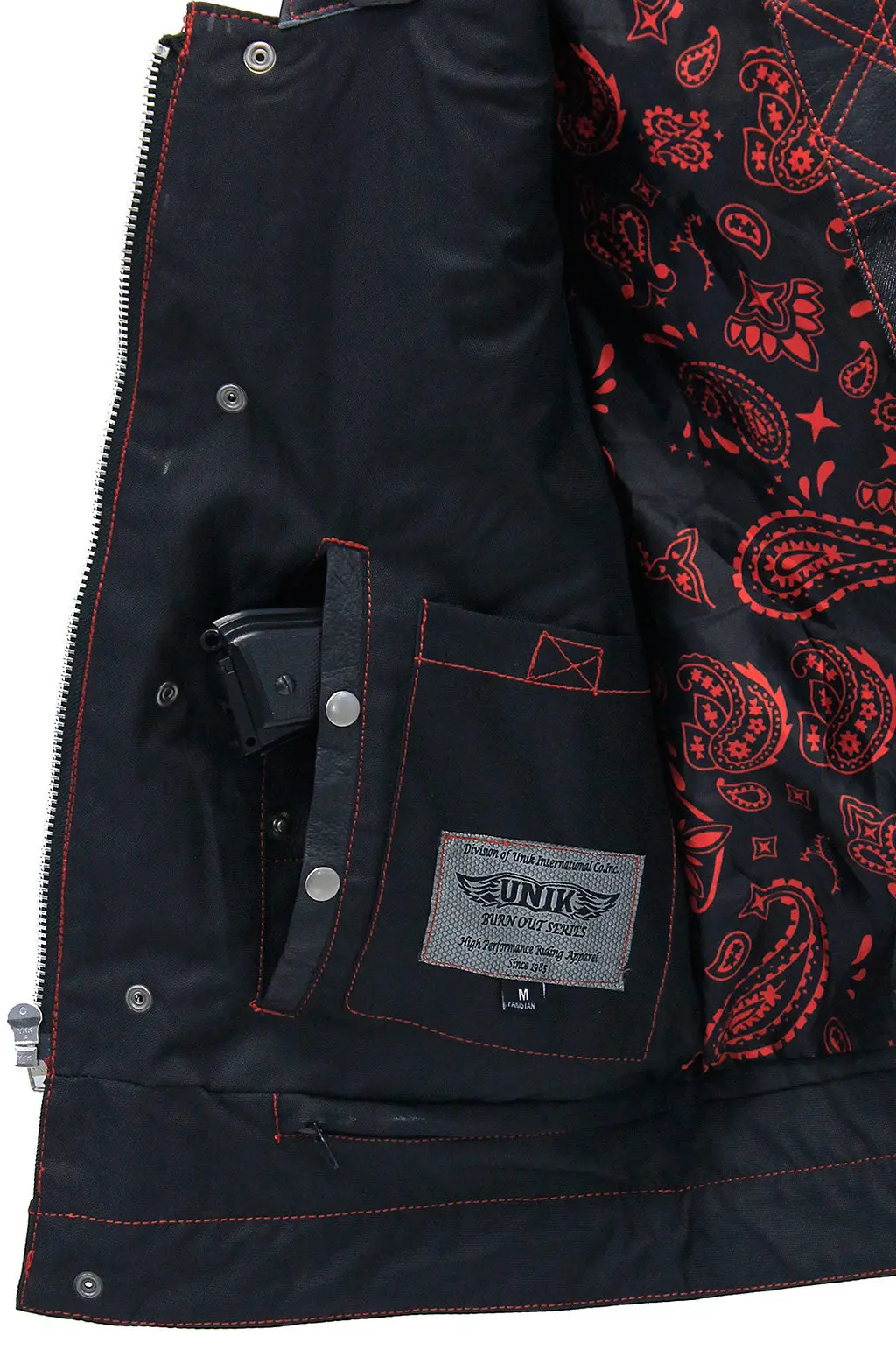 Red Stitch Denim Leather Quilt Concealed Pockets Vest #VM6678DGQR - Image 4