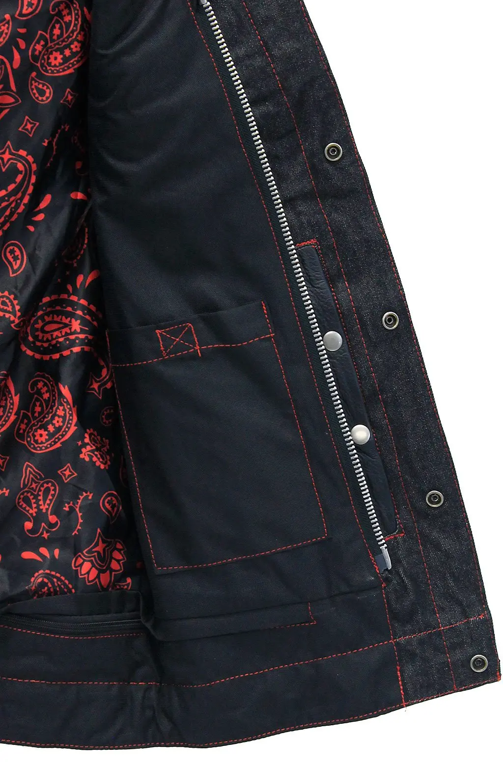 Red Stitch Denim Leather Quilt Concealed Pockets Vest #VM6678DGQR - Image 5