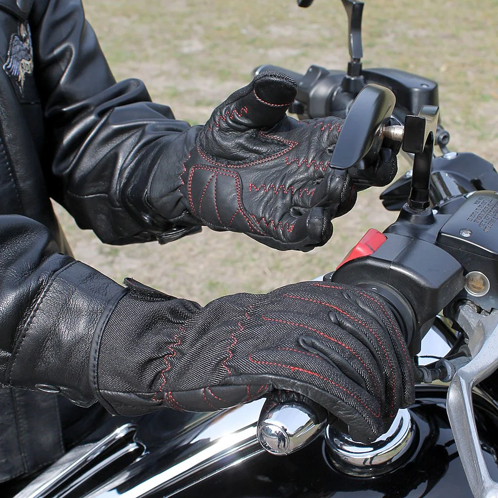 Red Stitch Denim & Leather Women's Motorcycle Gloves #G8168DR - Image 2