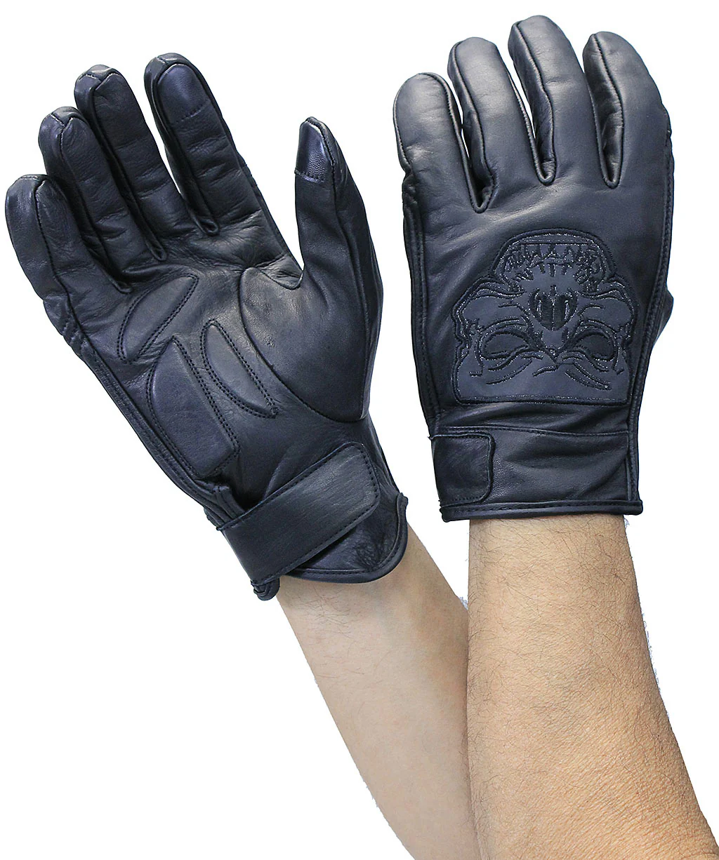 Reflective Skull Leather Gloves w/Padded Palms #G8241RSK - Image 3