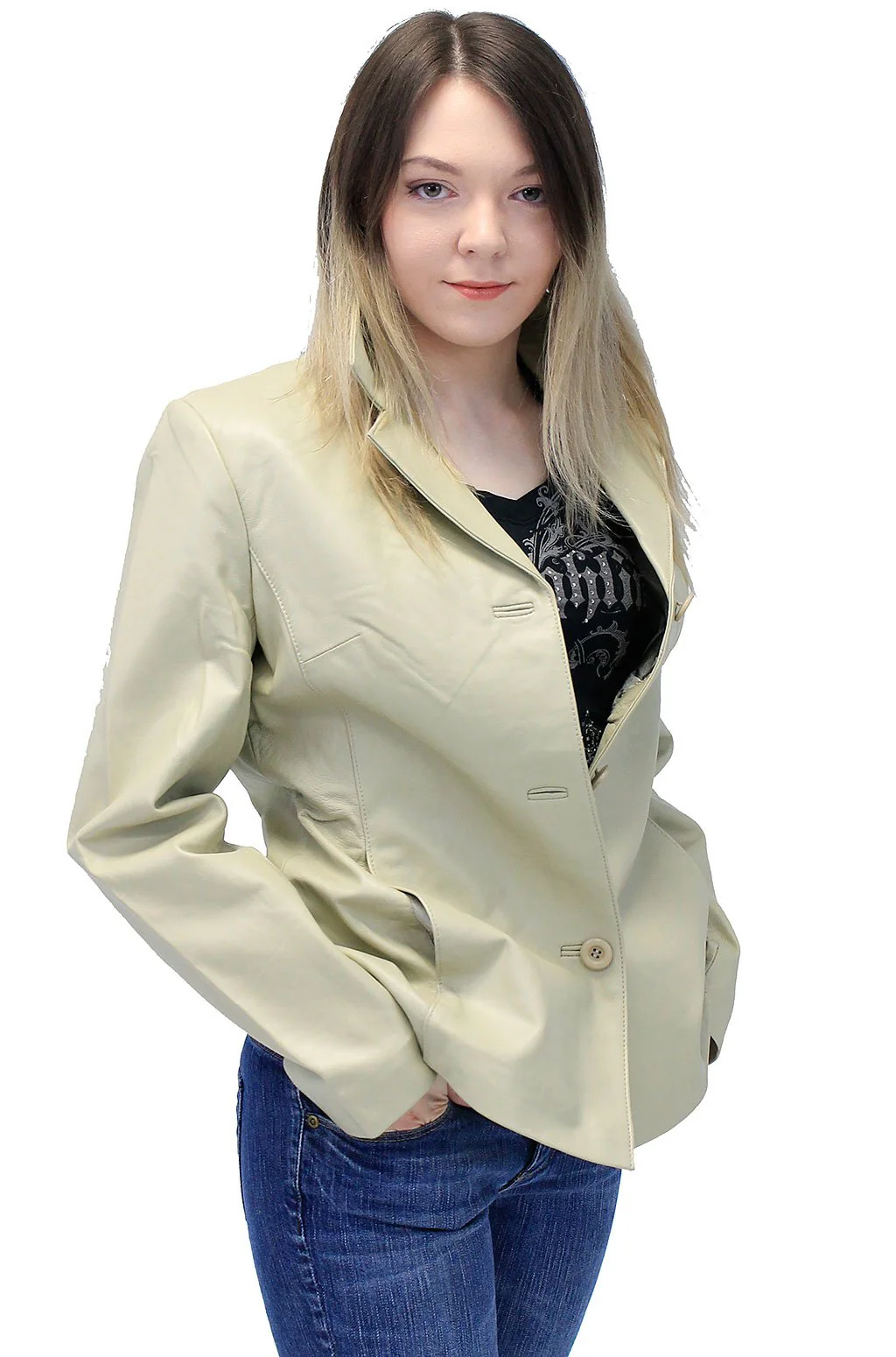 Sand Color Women's 3 Button Genuine Leather Jacket #L32BTT (S-3X)