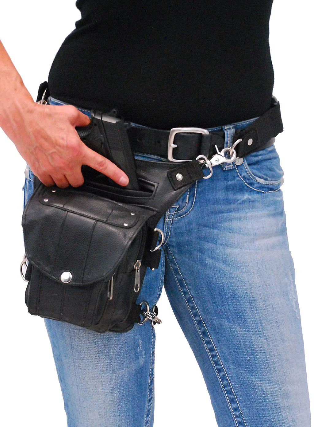 Short Black Leather Thigh Bag w/Small Concealed Pocket #TB2083GRK - Image 2