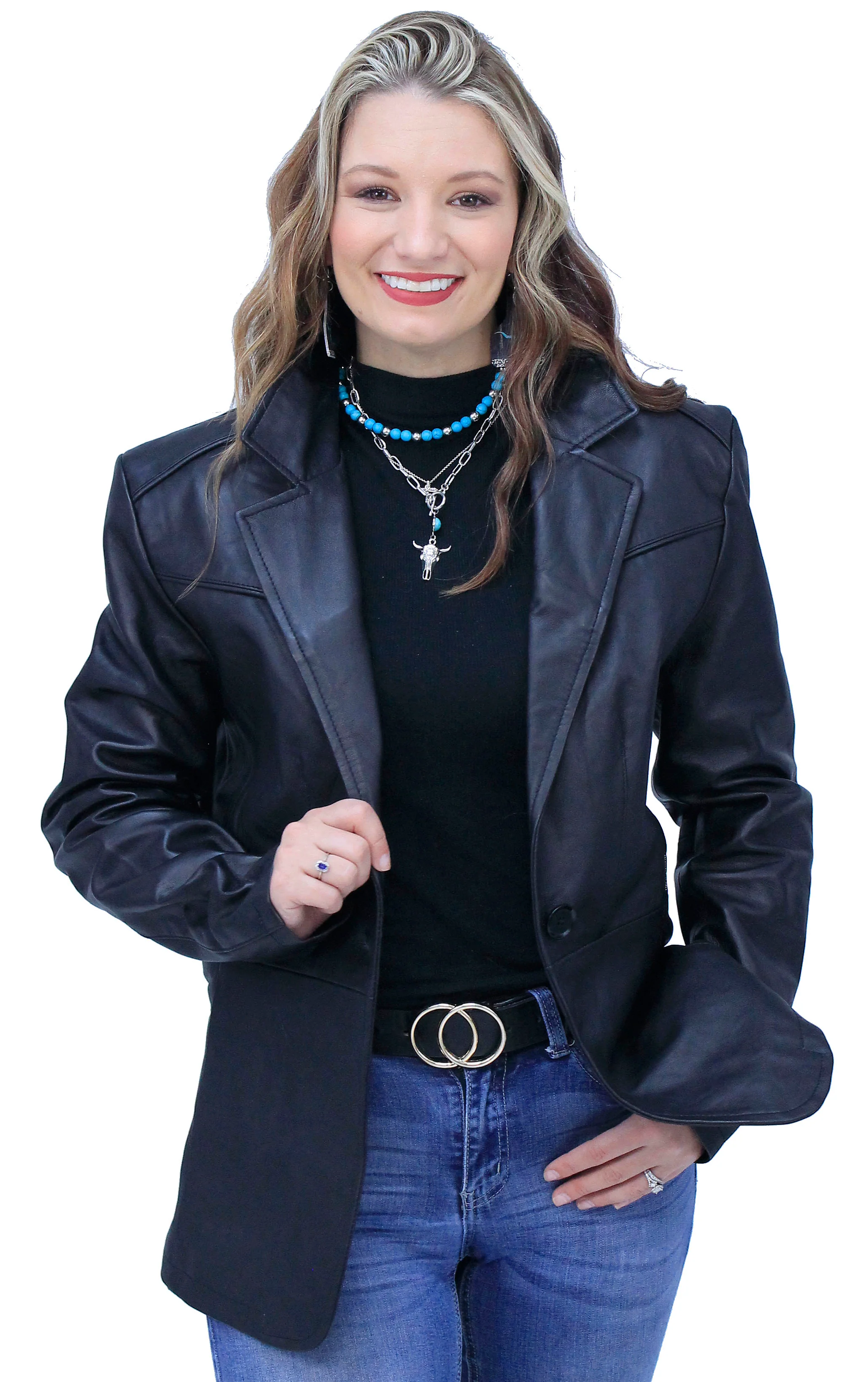 Single Button Black Premium Leather Blazer for Women #L1401510K - Image 6