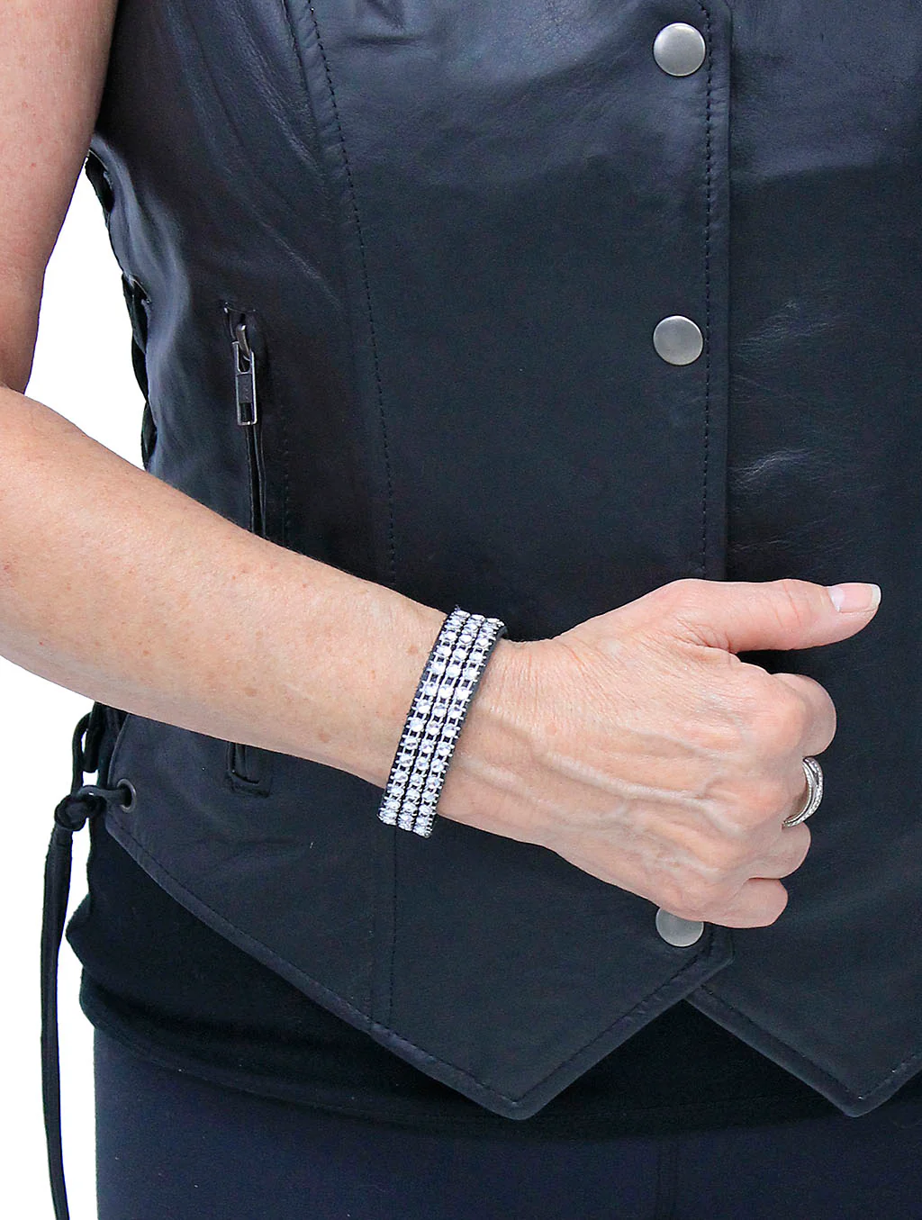Soft Black Leather & Crystal Bracelet #WB2409KCRY - Image 2
