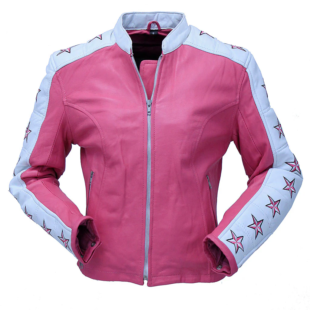 Pink Star Cafe' Racer Motorcycle Leather Jacket #L190ZUSTAR (S)