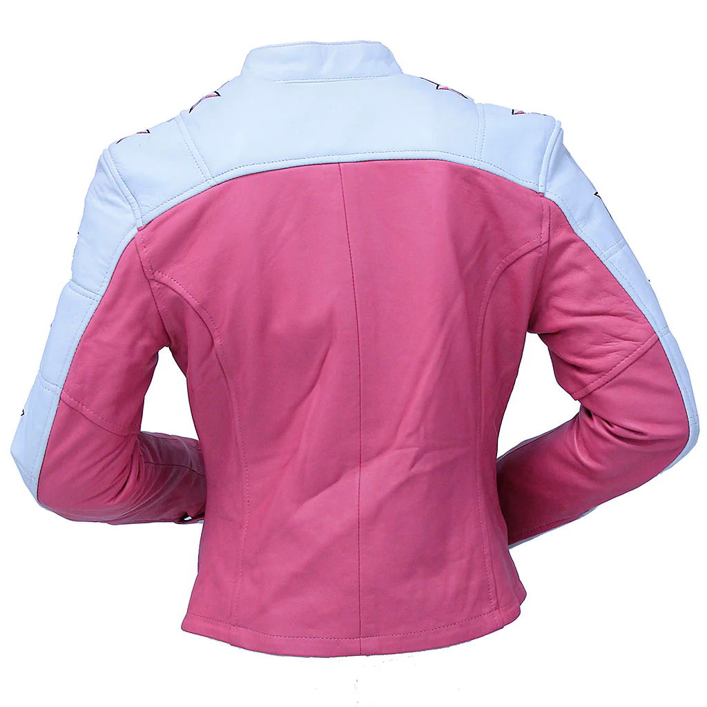 Pink Star Cafe' Racer Motorcycle Leather Jacket #L190ZUSTAR (S) - Image 2
