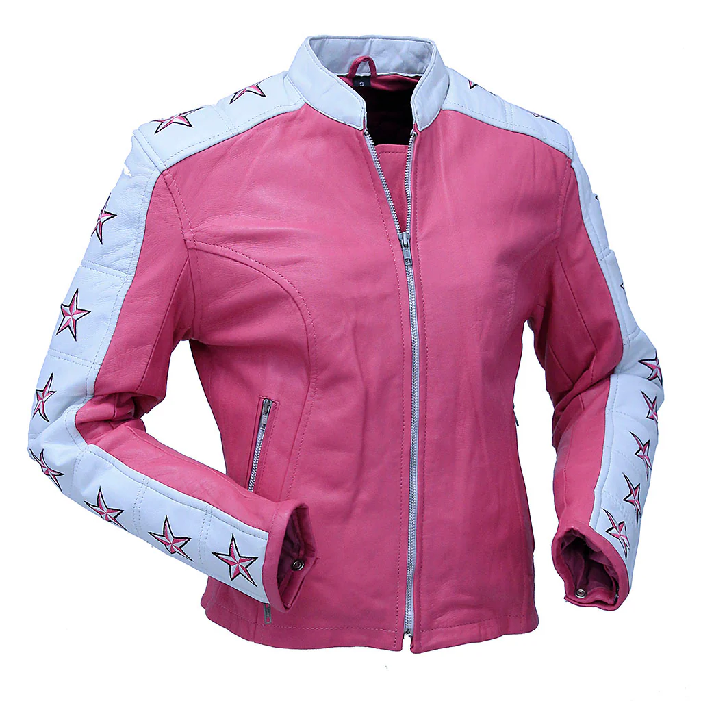 Pink Star Cafe' Racer Motorcycle Leather Jacket #L190ZUSTAR (S) - Image 3