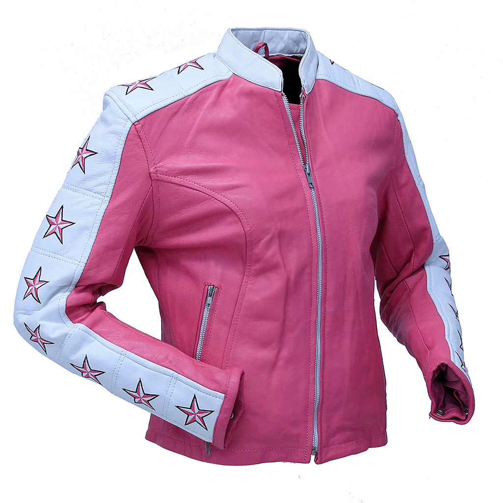 Pink Star Cafe' Racer Motorcycle Leather Jacket #L190ZUSTAR (S) - Image 4