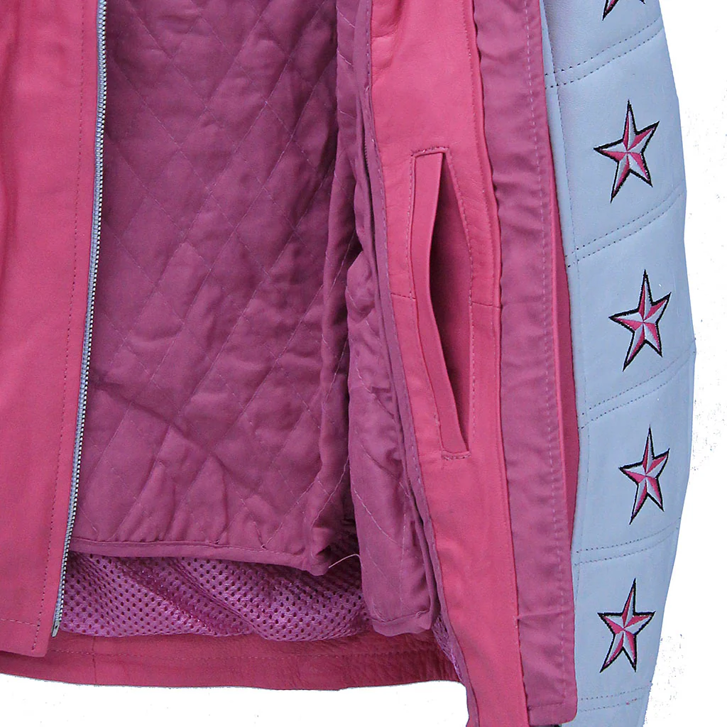 Pink Star Cafe' Racer Motorcycle Leather Jacket #L190ZUSTAR (S) - Image 5
