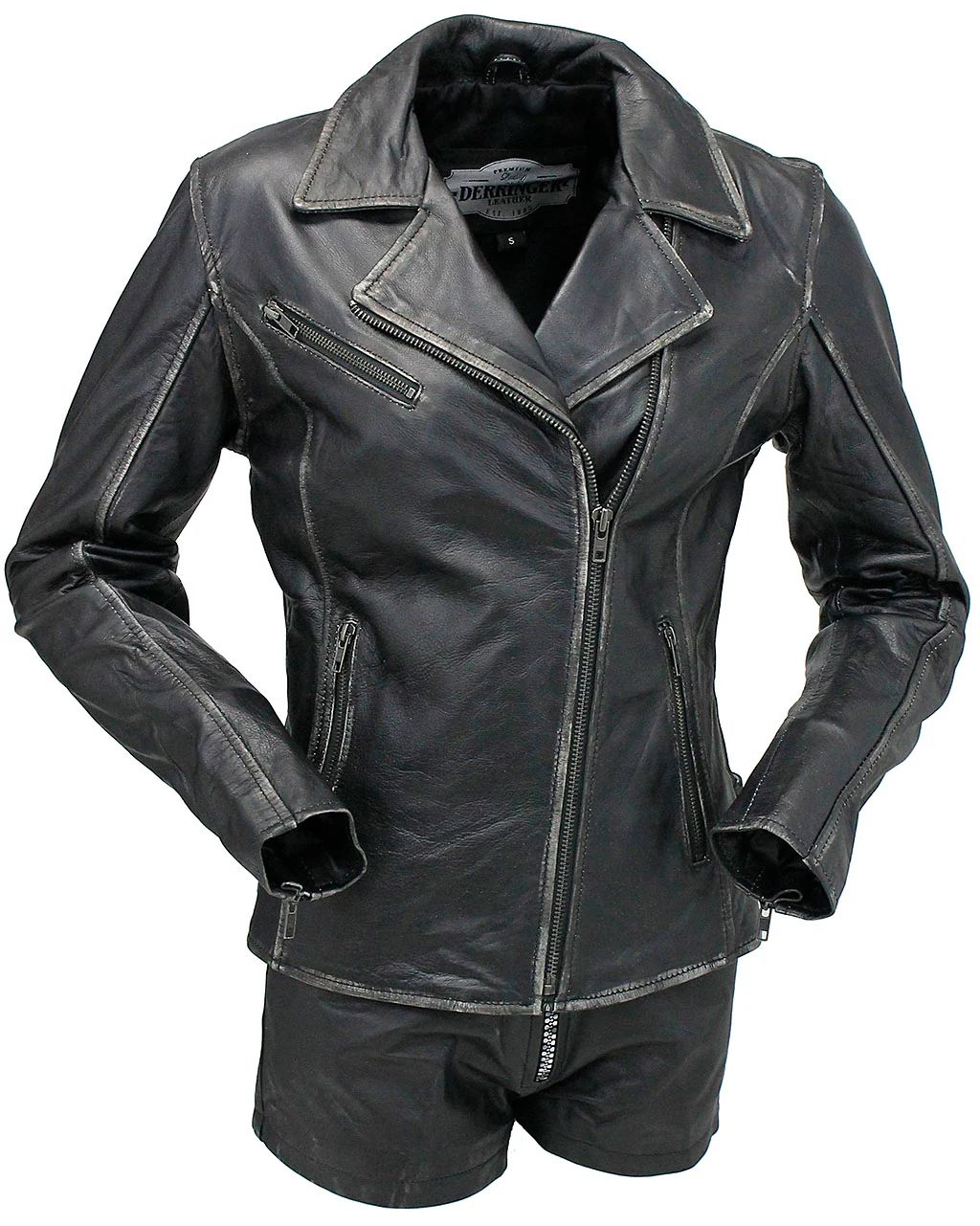 Star filled Women's Vintage Leather Motorcycle Jacket #LA6960GY-STAR - Image 3