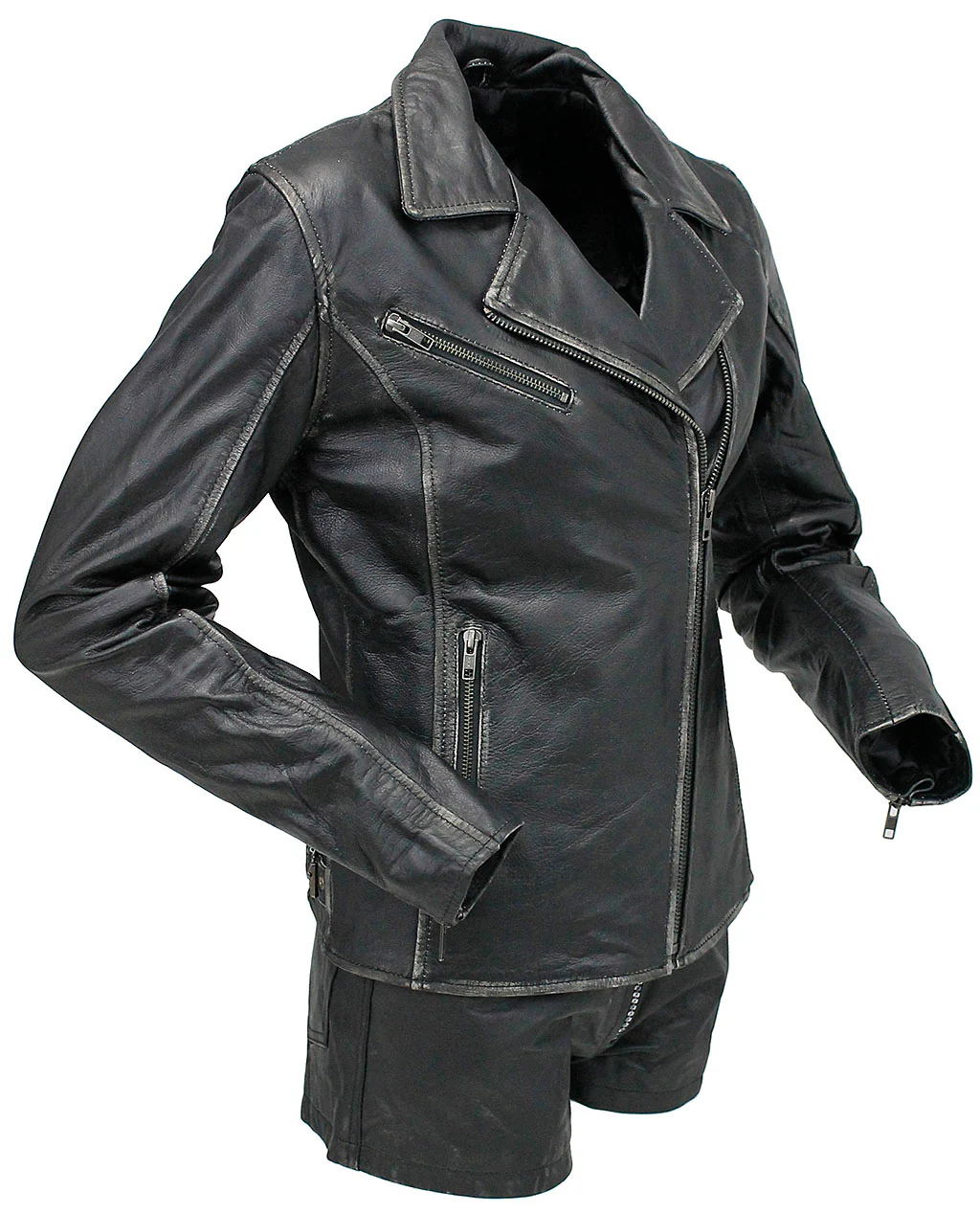 Star filled Women's Vintage Leather Motorcycle Jacket #LA6960GY-STAR - Image 6