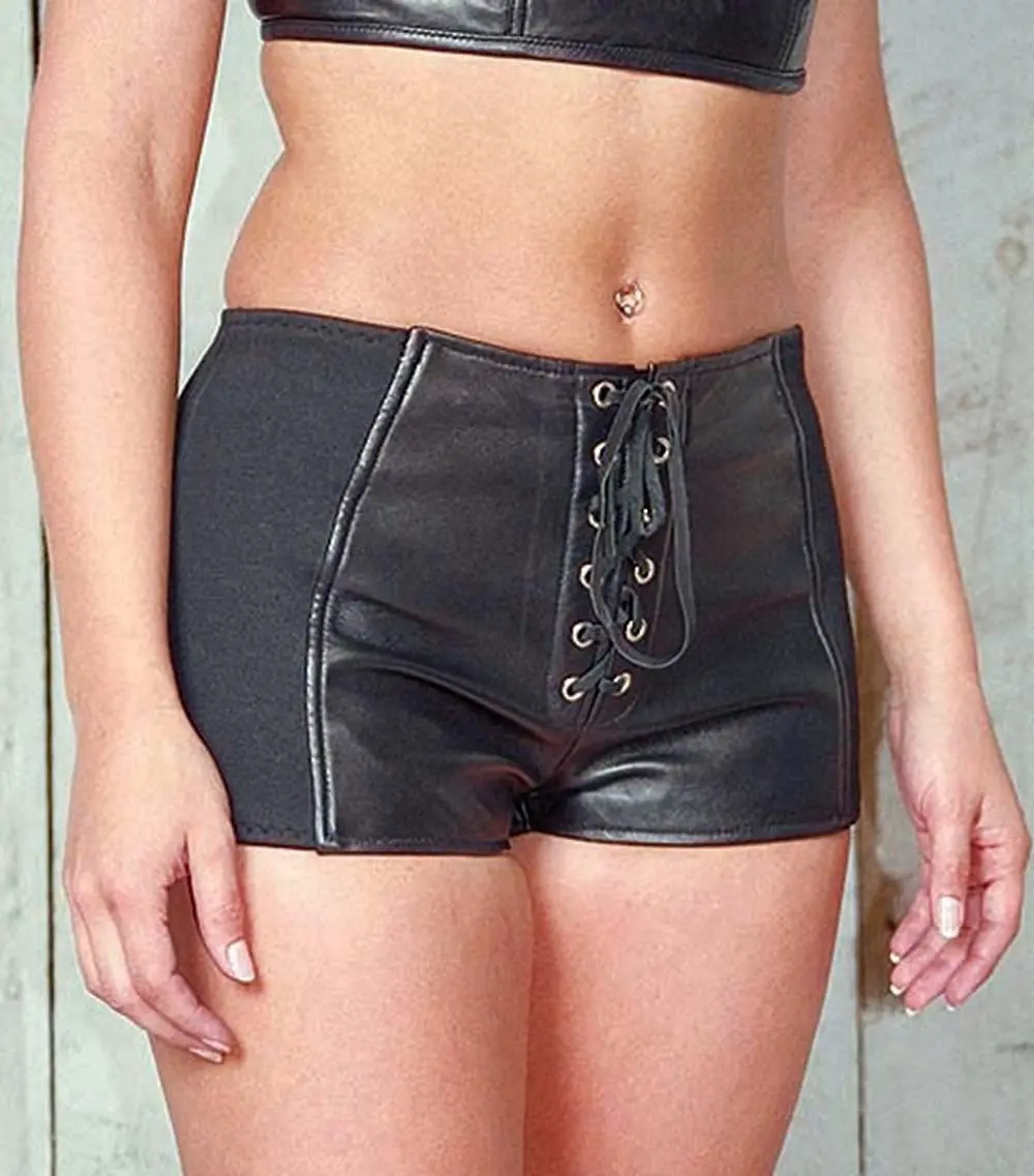 Stretch Sides Lace-Up Leather Shorts #SH717LSK (20)