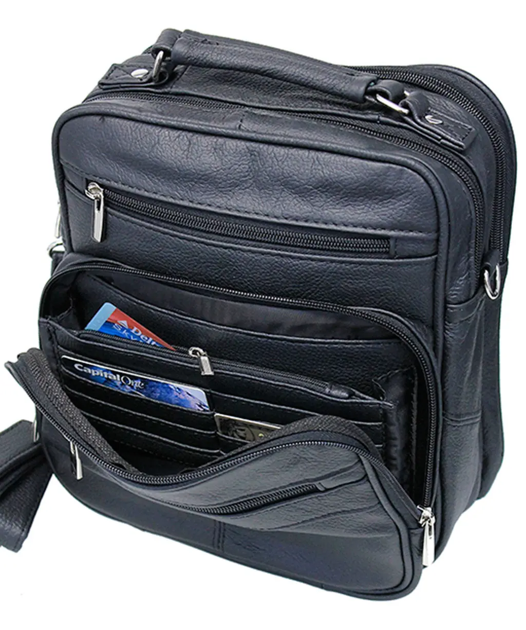 Tablet Size Crossbody Black Leather Travel Bag #P37510K - Image 4