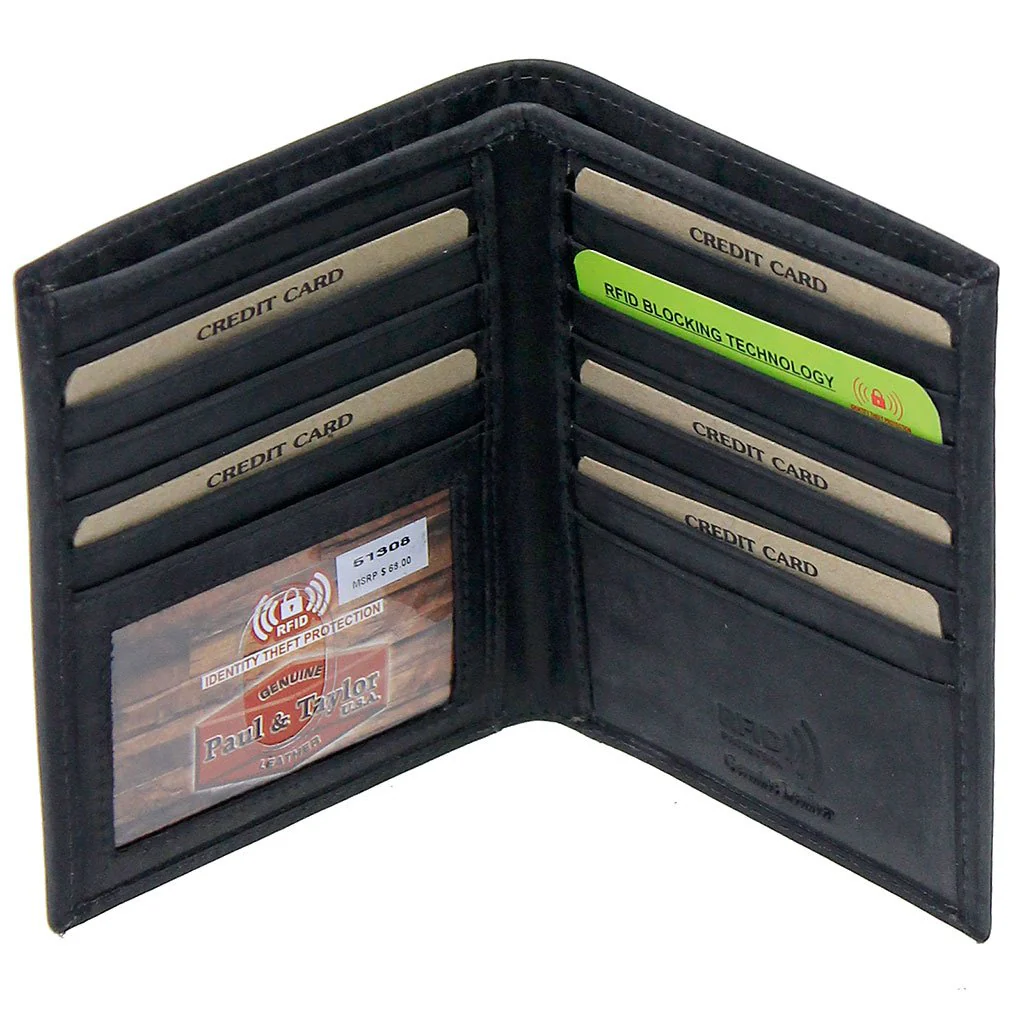 Tall Vintage Black Bifold RFID Wallet w/19 Compartments #WM13080KID - Image 2