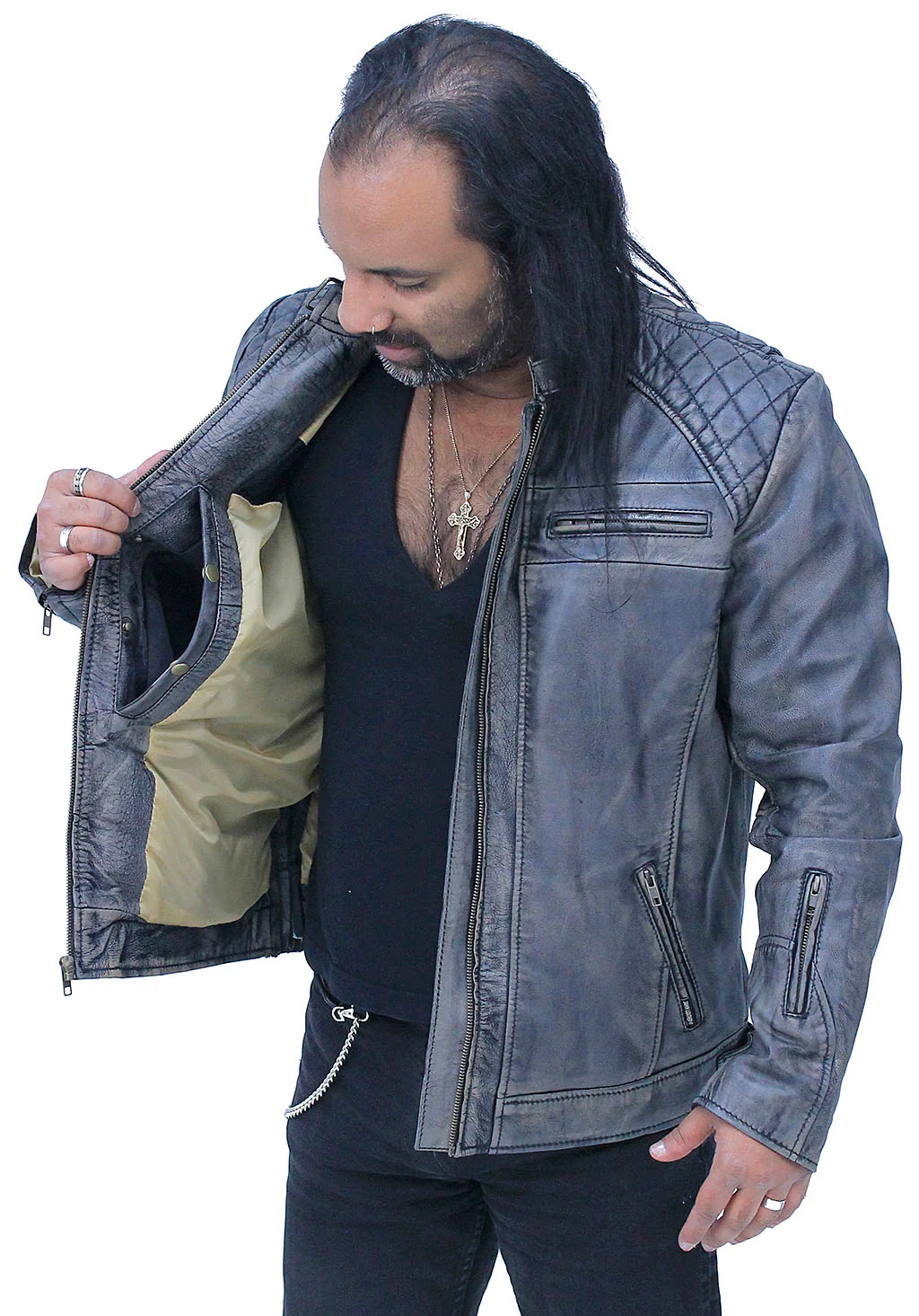 Taupe/Black Distressed Leather Vented Café Racer Jacket #MA2020VQGK - Image 2