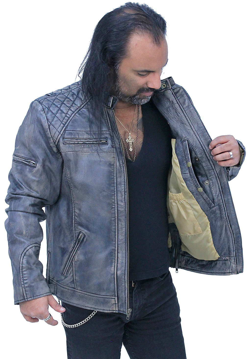 Taupe/Black Distressed Leather Vented Café Racer Jacket #MA2020VQGK - Image 3
