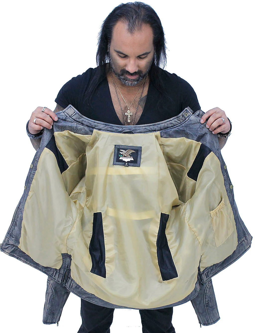 Taupe/Black Distressed Leather Vented Café Racer Jacket #MA2020VQGK - Image 6