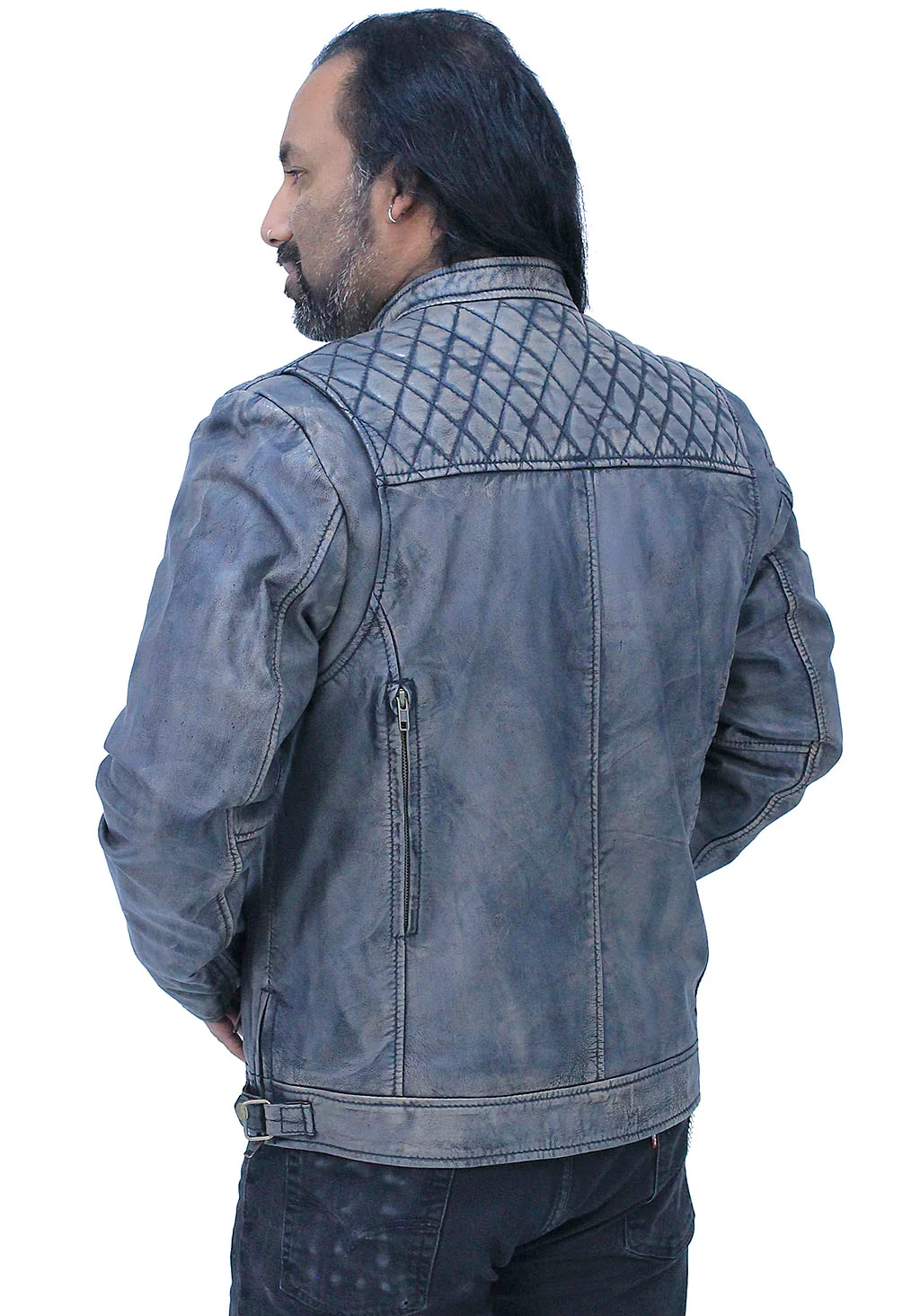 Taupe/Black Distressed Leather Vented Café Racer Jacket #MA2020VQGK - Image 7