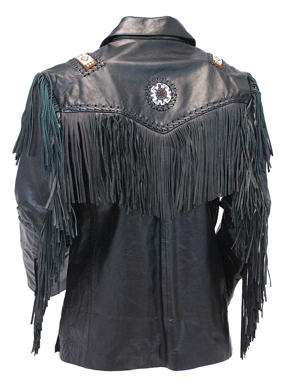 Tribal Bead Black Leather Fringe Blazer Jacket #M2537BBFK - Image 3