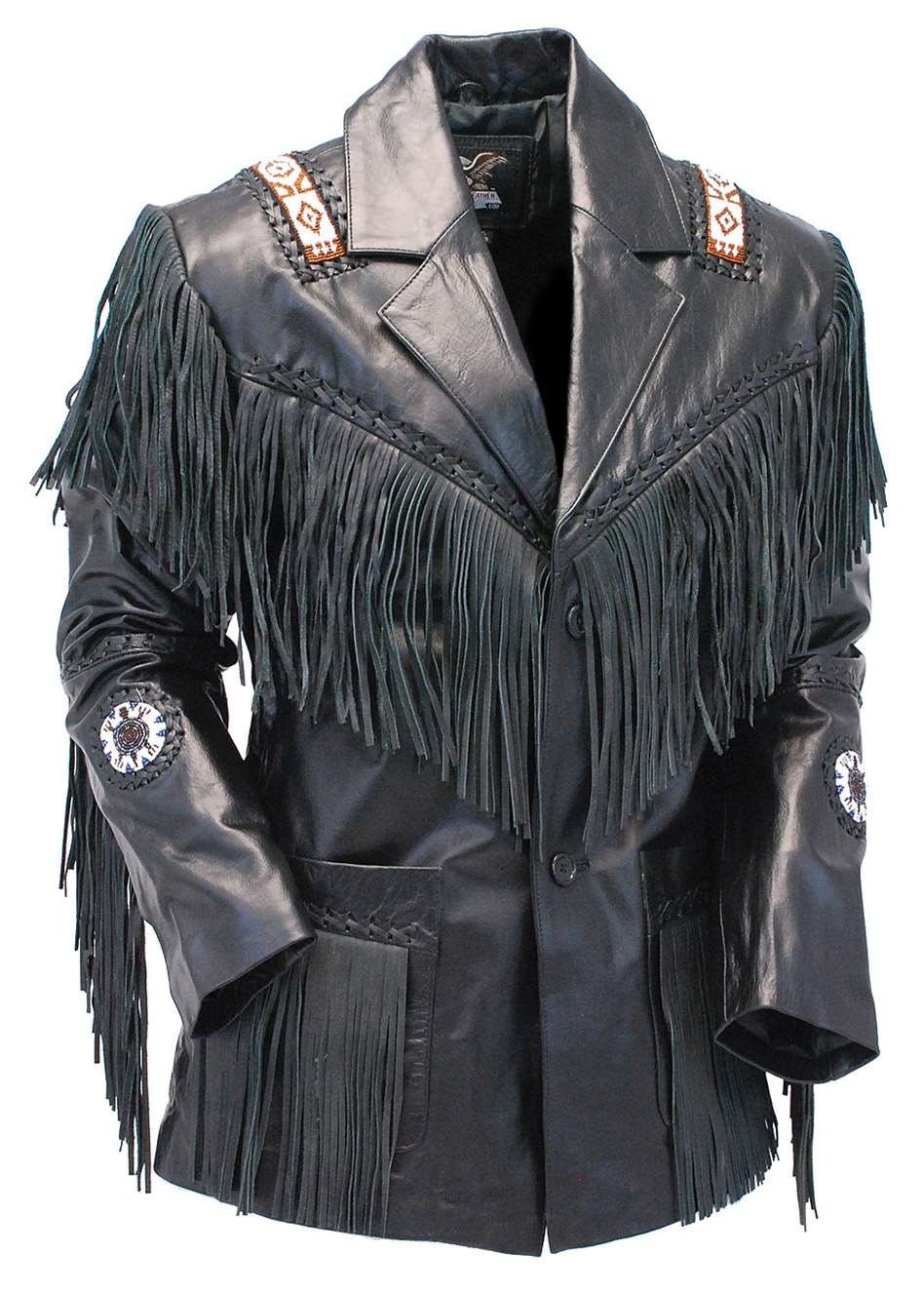 Tribal Bead Black Leather Fringe Blazer Jacket #M2537BBFK - Image 4