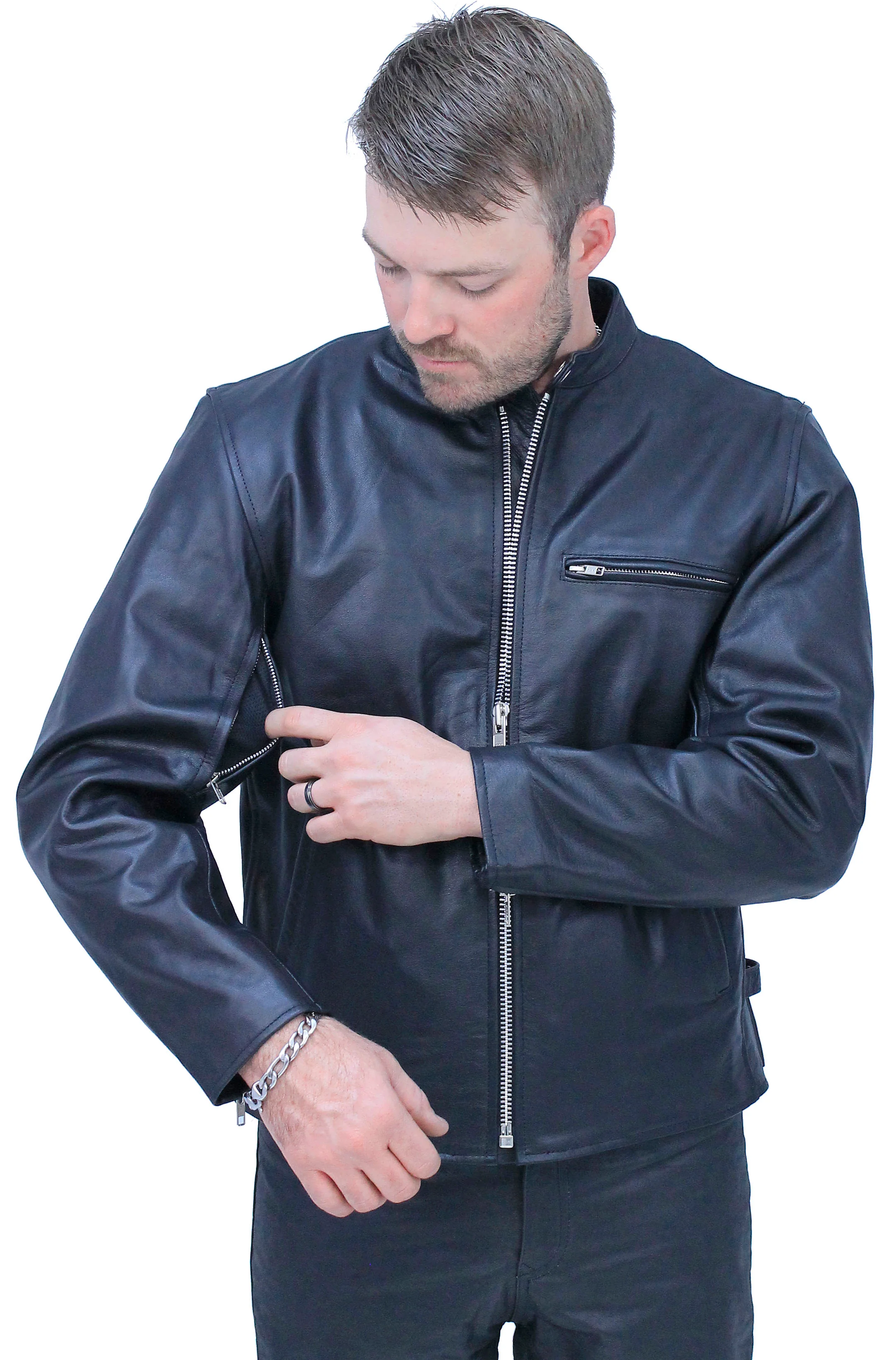 Vented Cafe' Racer Concealed Pocket Leather Jacket #M5020VZK - Image 2