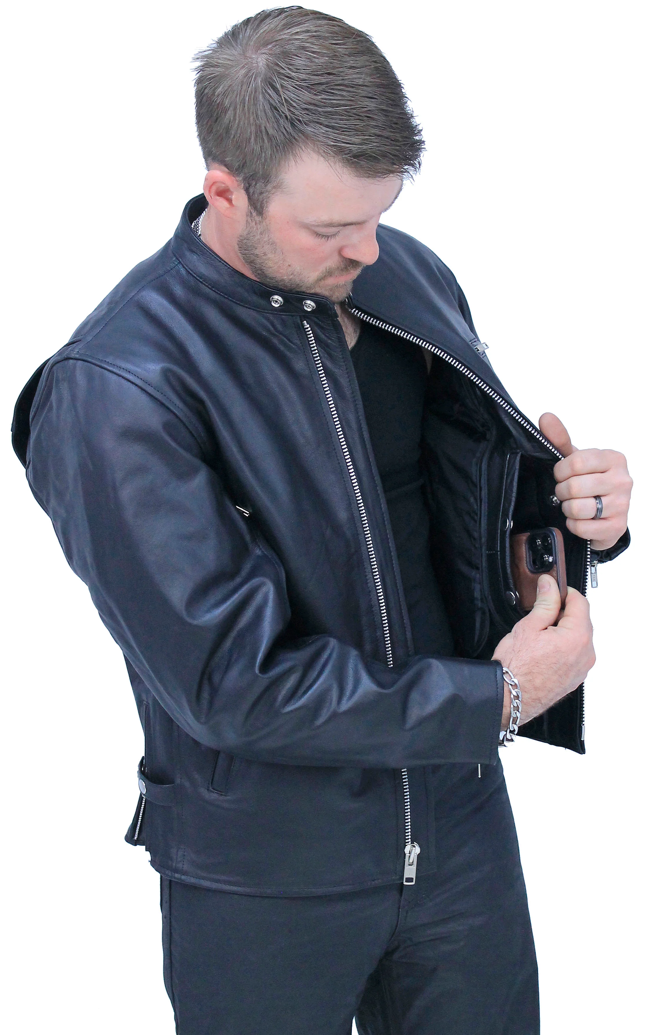 Vented Cafe' Racer Concealed Pocket Leather Jacket #M5020VZK - Image 5