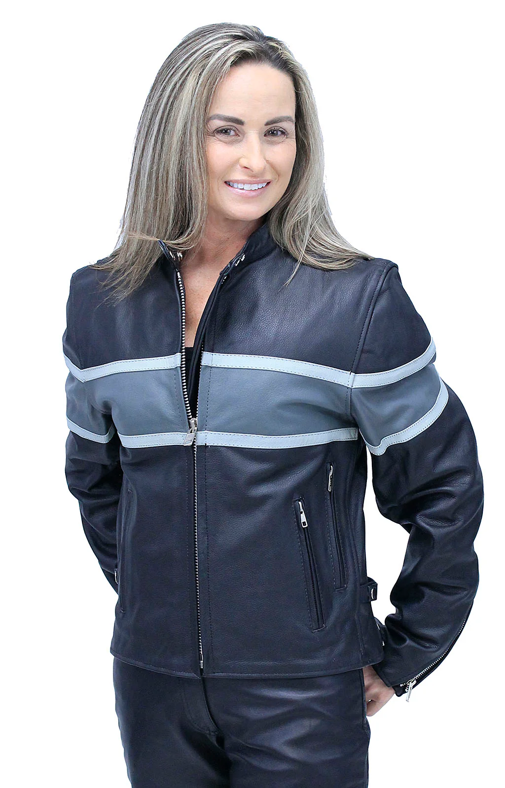Vented Wide Gray Stripe Women's Motorcycle Jacket #L55718VZGY (S-3X)