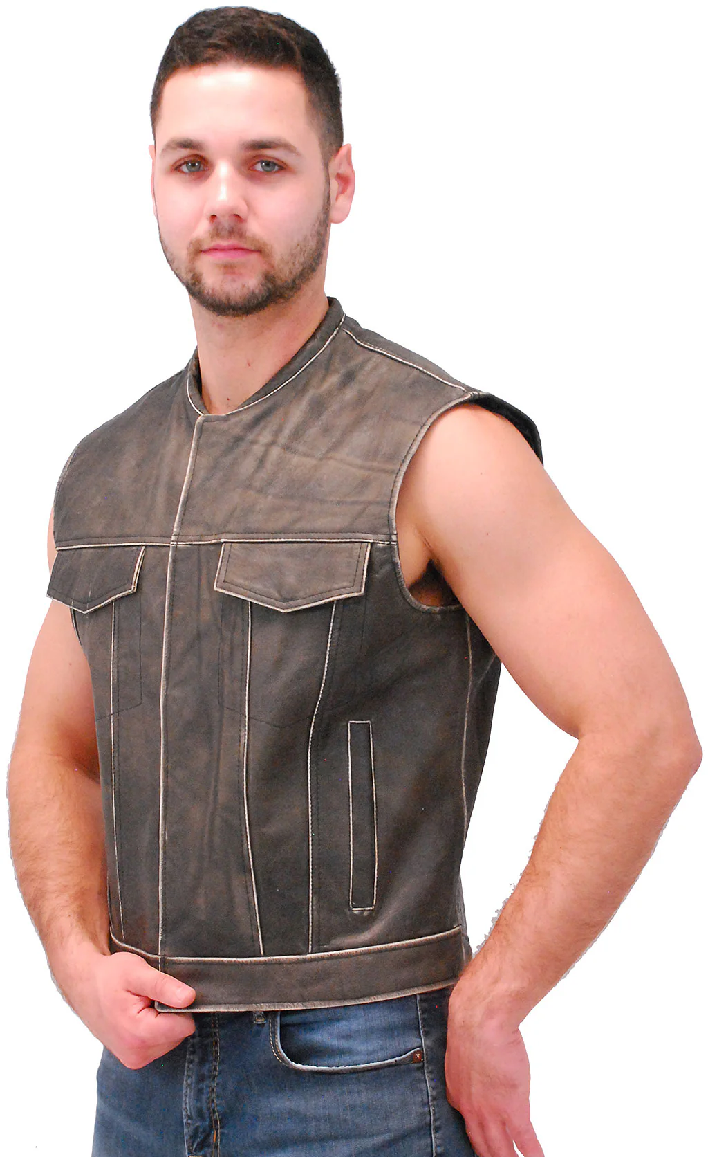 Vintage Brown Leather Club Vest w/Dual Concealed Pockets #VMA1015DN (M, 3X-5X) - Image 3