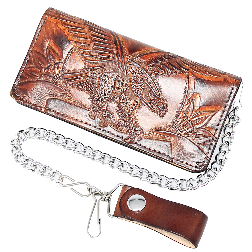 Vintage Brown Leather Eagle Embossed Bifold Chain Wallet #WC34141EN